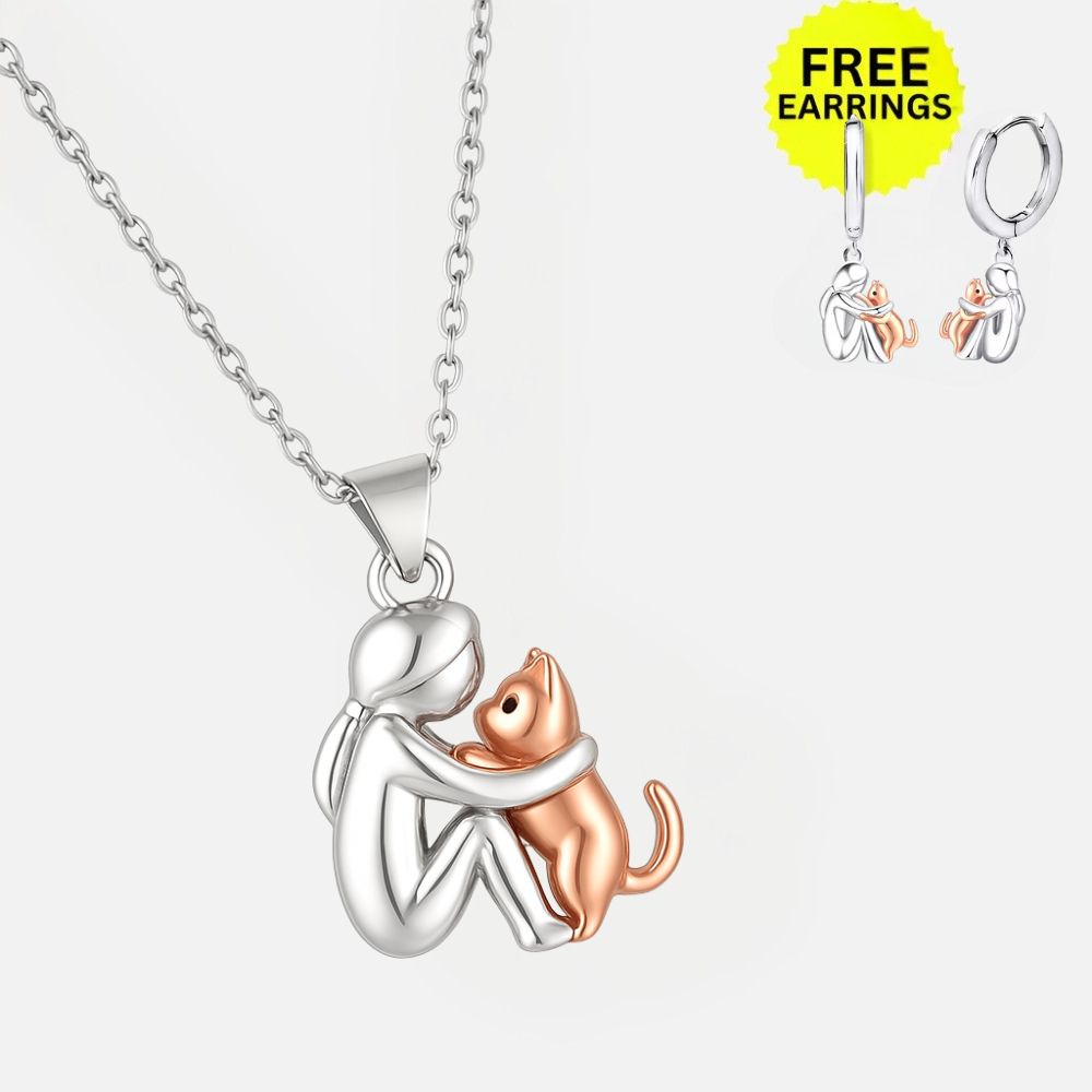 Cat Hug Pendant Necklace with Free Matching Earrings