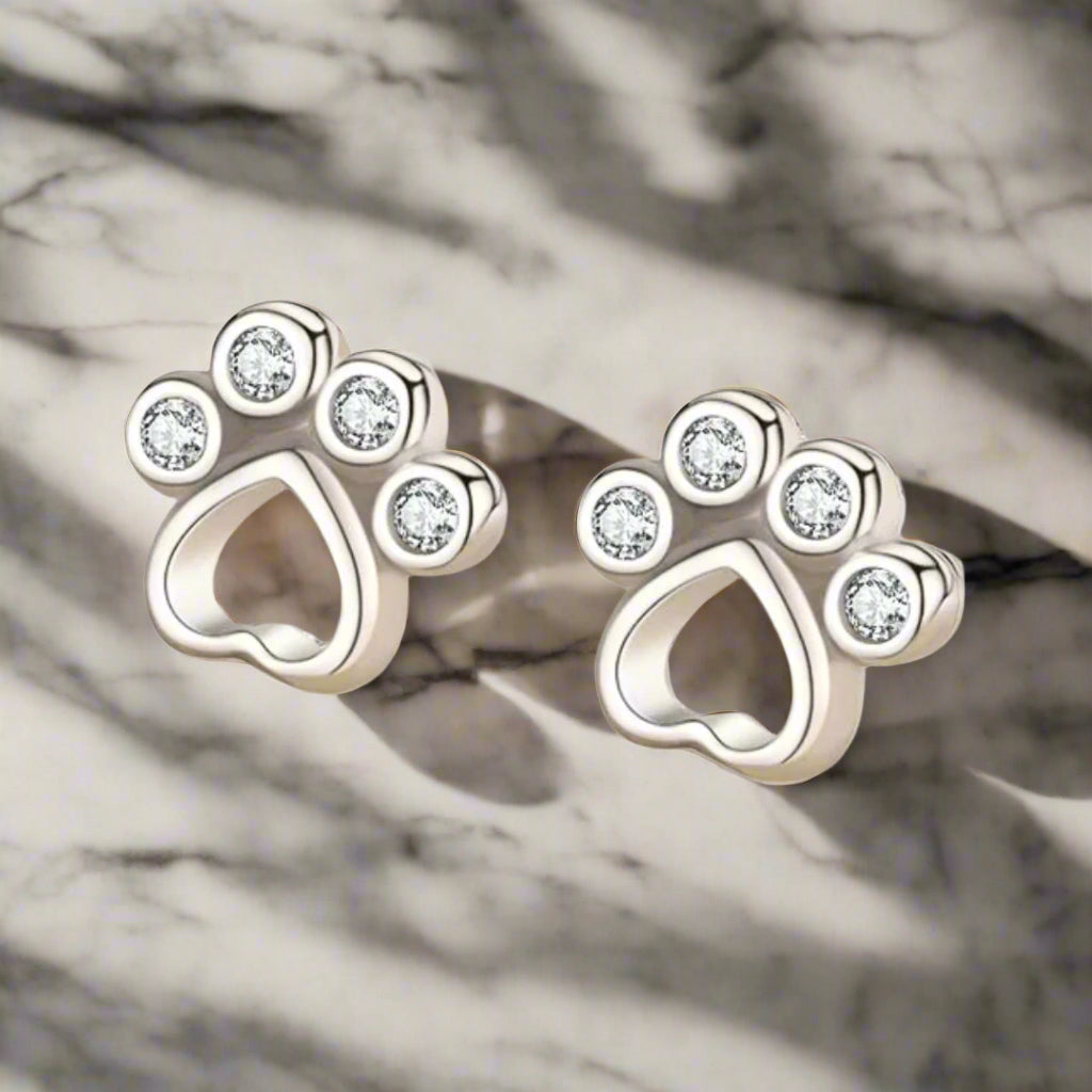Sterling Silver Dog Paw Stud Earrings with Sparkling Zirconia