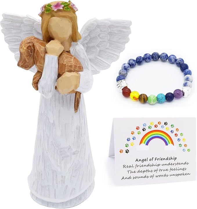 Dog Memorial Gift Set with Friendship Angel Figurine & Rainbow Bridge Chakra Bracelet
