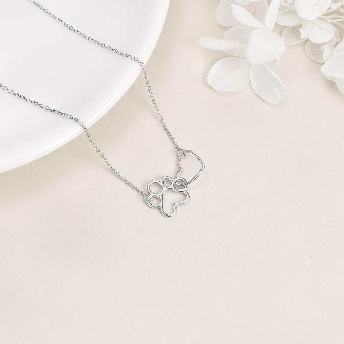 Sterling Silver Cat Paw Necklace – Crystal Heart Pendant