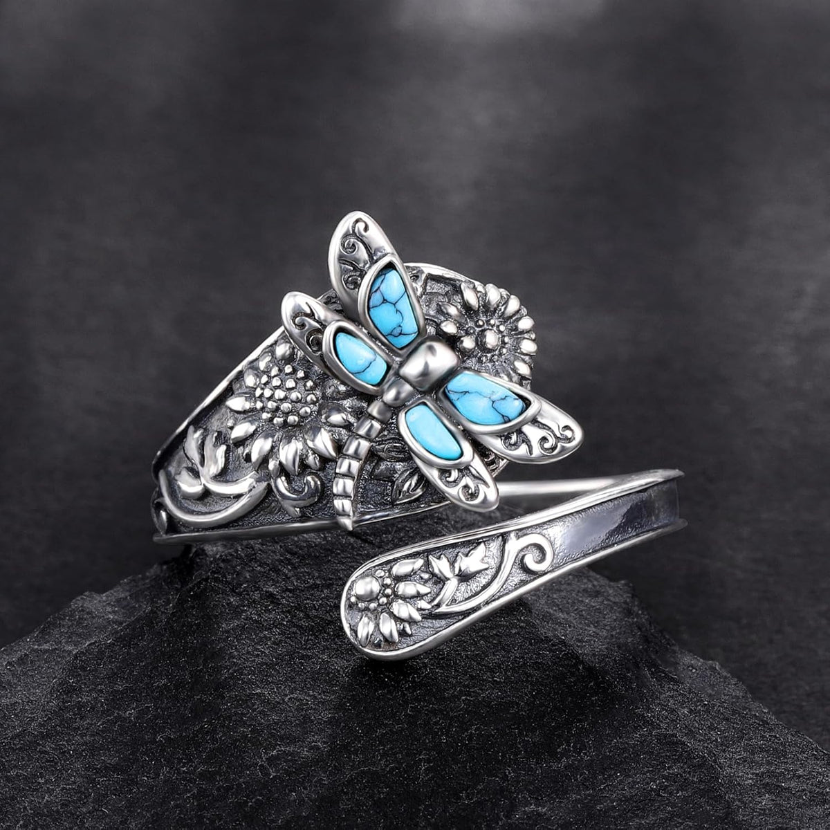 Sterling Silver Turquoise Spoon Ring – Vintage Boho Dragonfly Wrap Ring