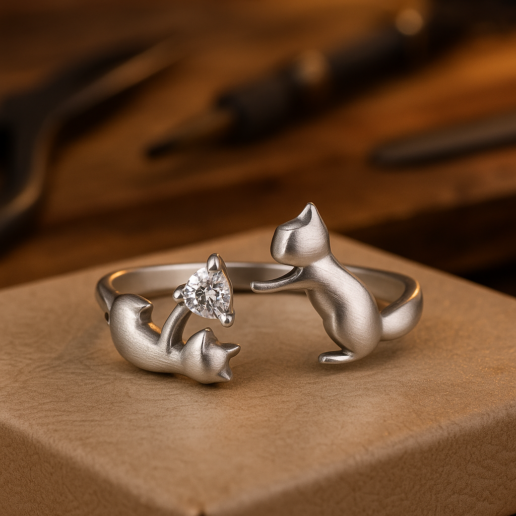 Playful Adjustable Sterling Silver Cat Ring with Zirconia