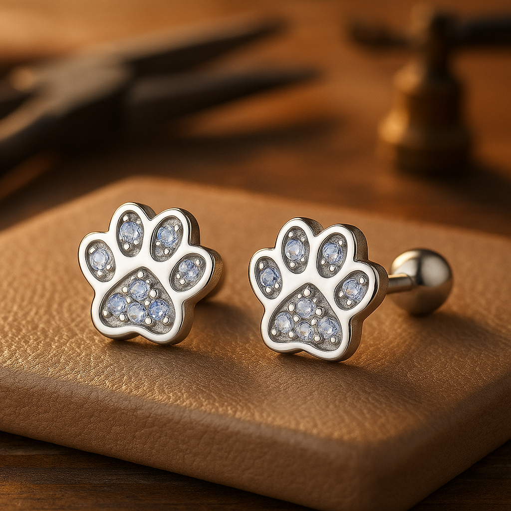 Sterling Silver Cat Paw Stud Earrings – Crystal Accents