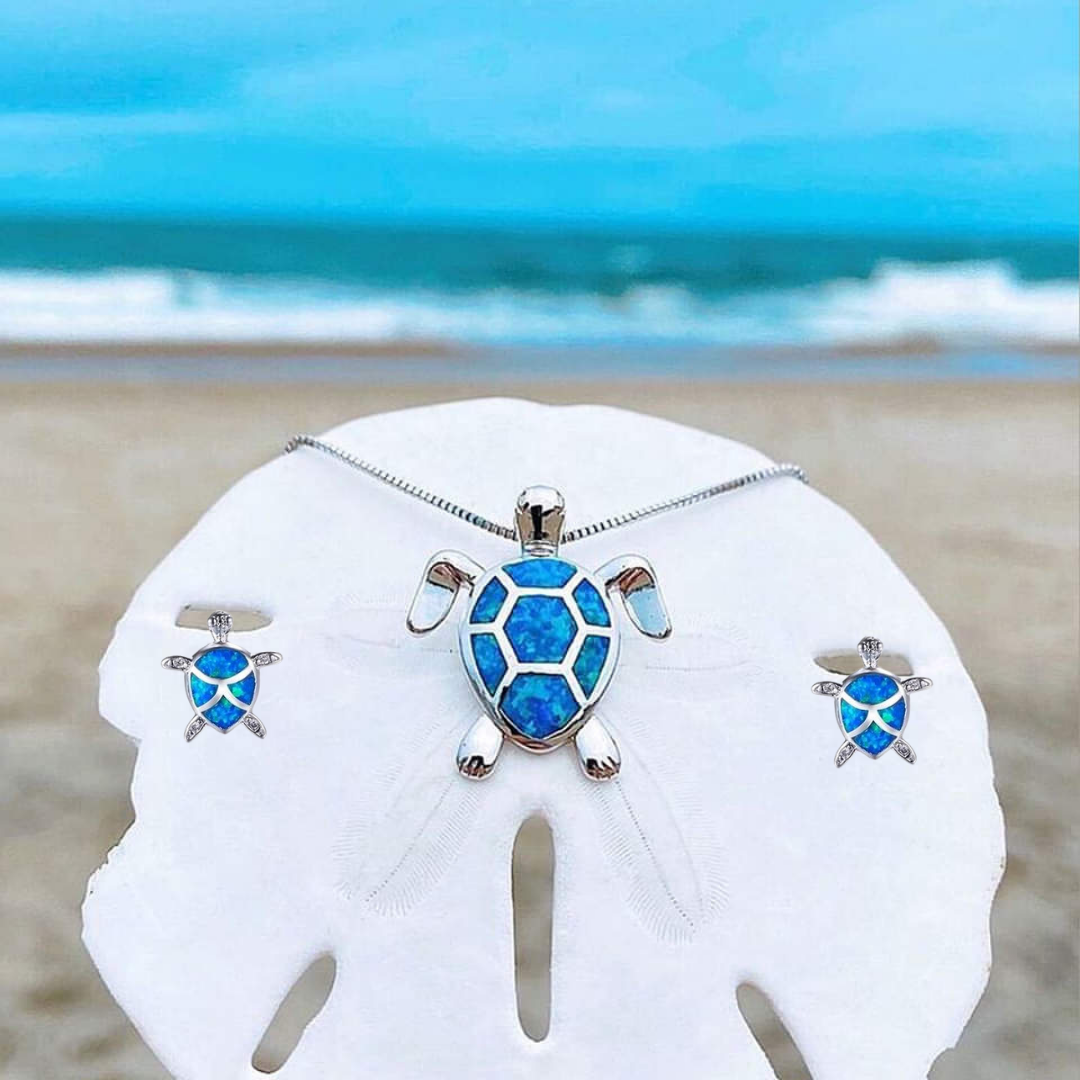 Opal & Silver Sea Turtle Necklace & Earrings Set