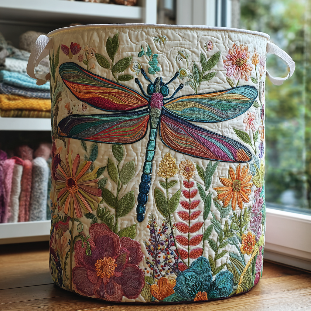 Dragonfly & Flowers | Quilted Storage Basket