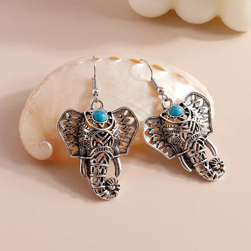 Vintage Silver Elephant Drop Earrings – Boho Style