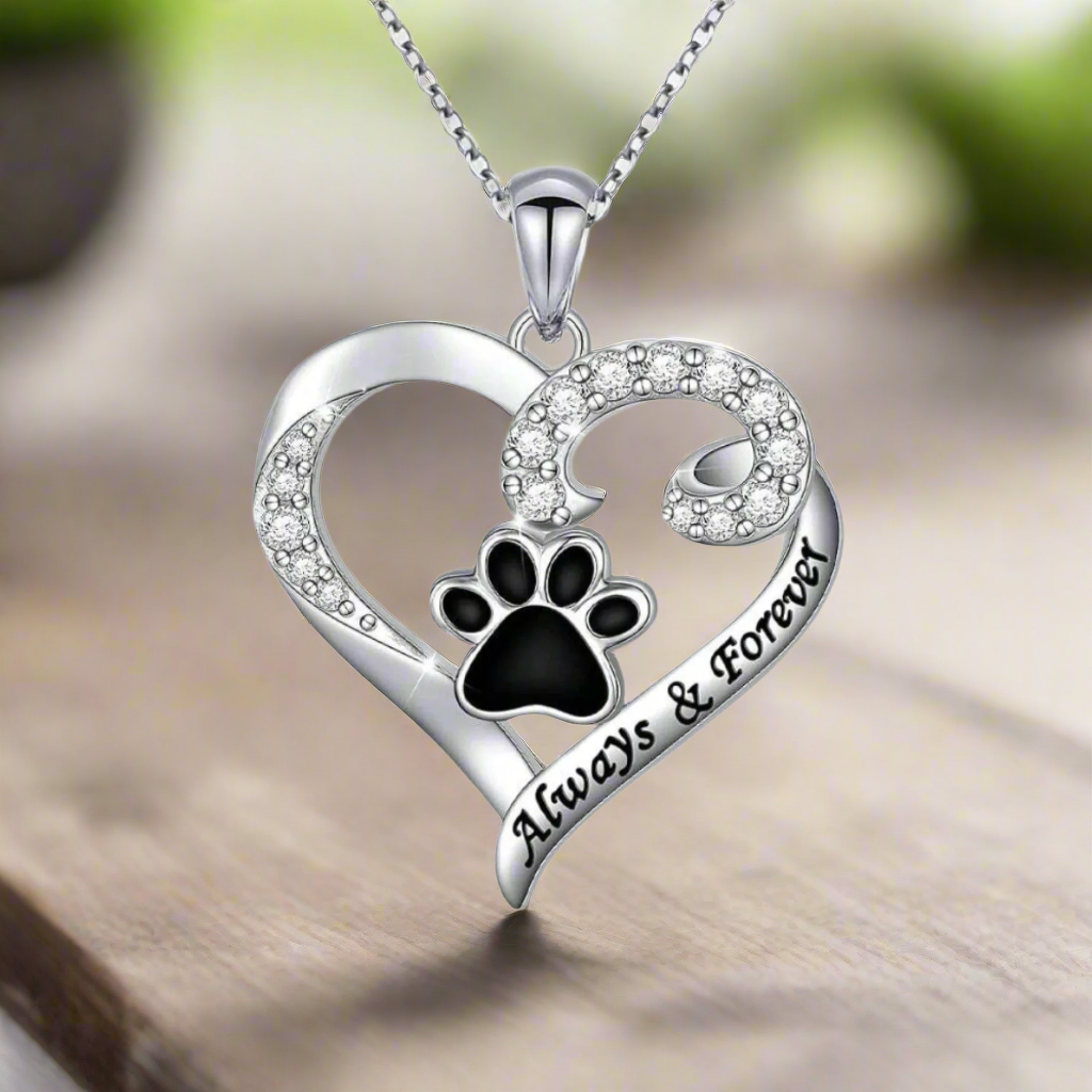 Dog Paw Necklace – Stainless Steel Heart with Zirconia