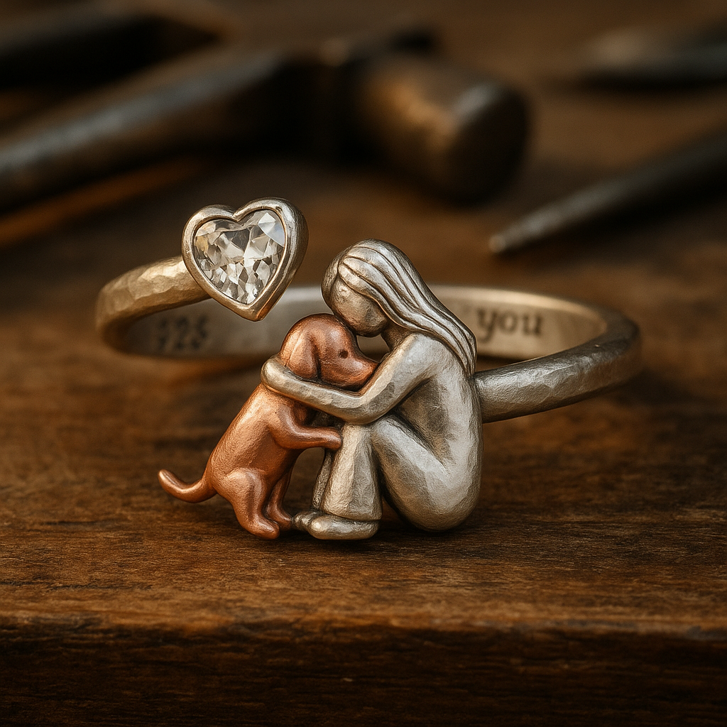 Handmade 925 Sterling Silver Dog Ring with Zirconia Heart – Adjustable Size