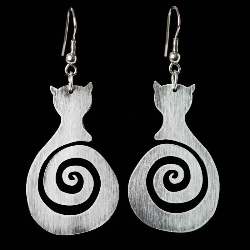 Vintage Cat Spiral Drop Earrings