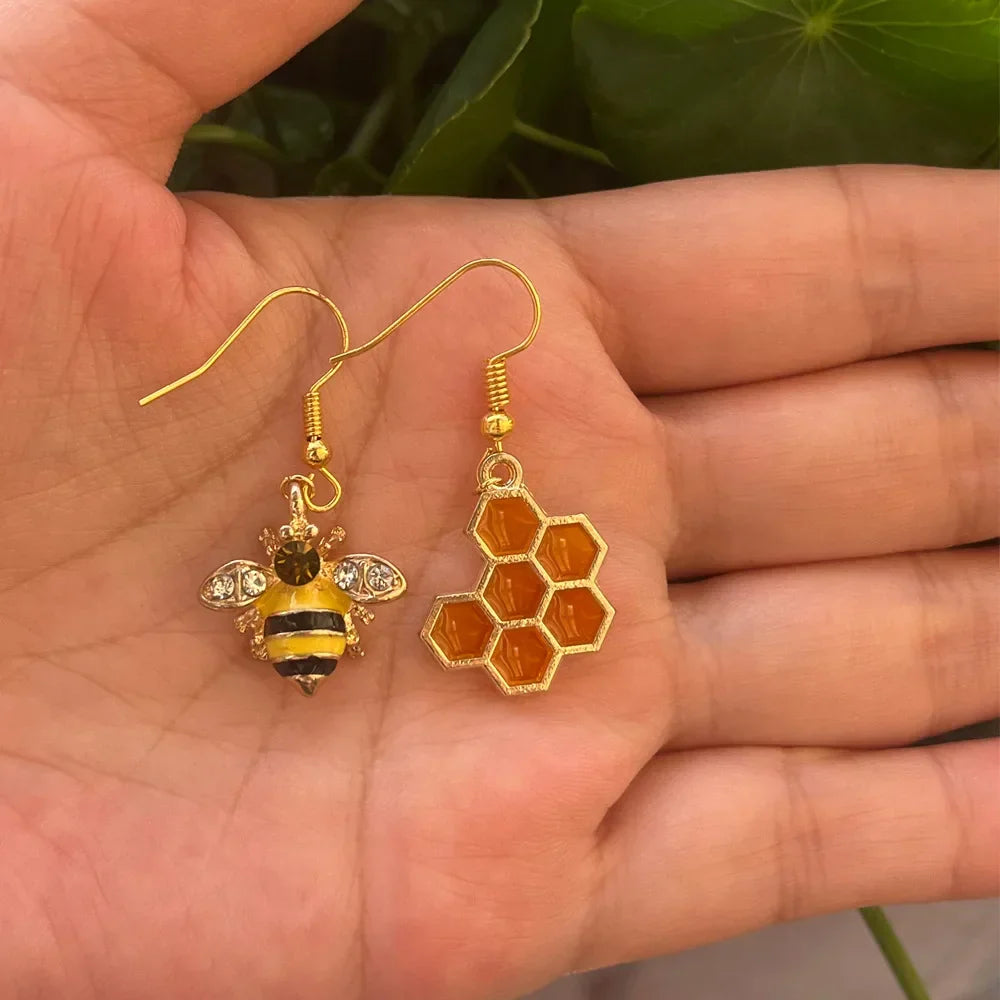 Golden Bee & Crystal Honeycomb Earrings
