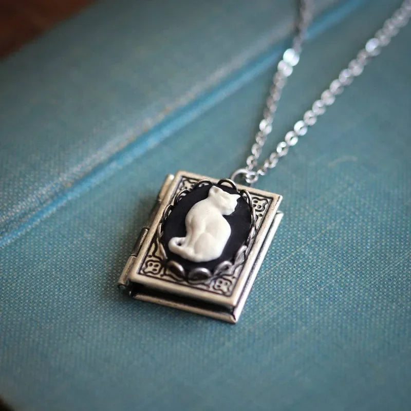 Vintage Cat Book Pendant Necklace – Rotating Pages
