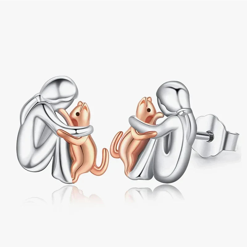 Two-Tone Silver & Gold Cat Hug Earrings