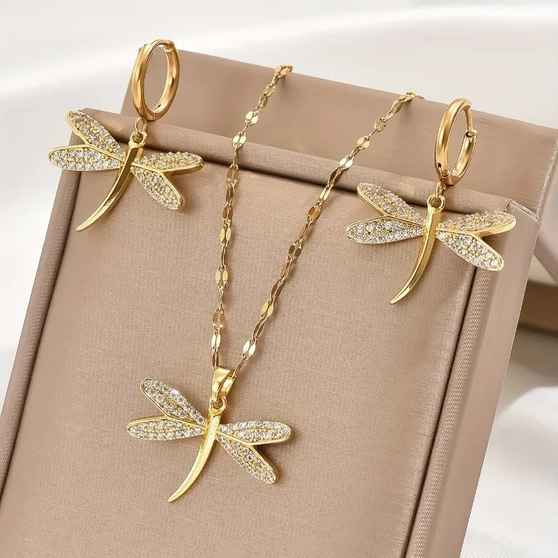 Gold Dragonfly Necklace with Matching Bonus Earrings