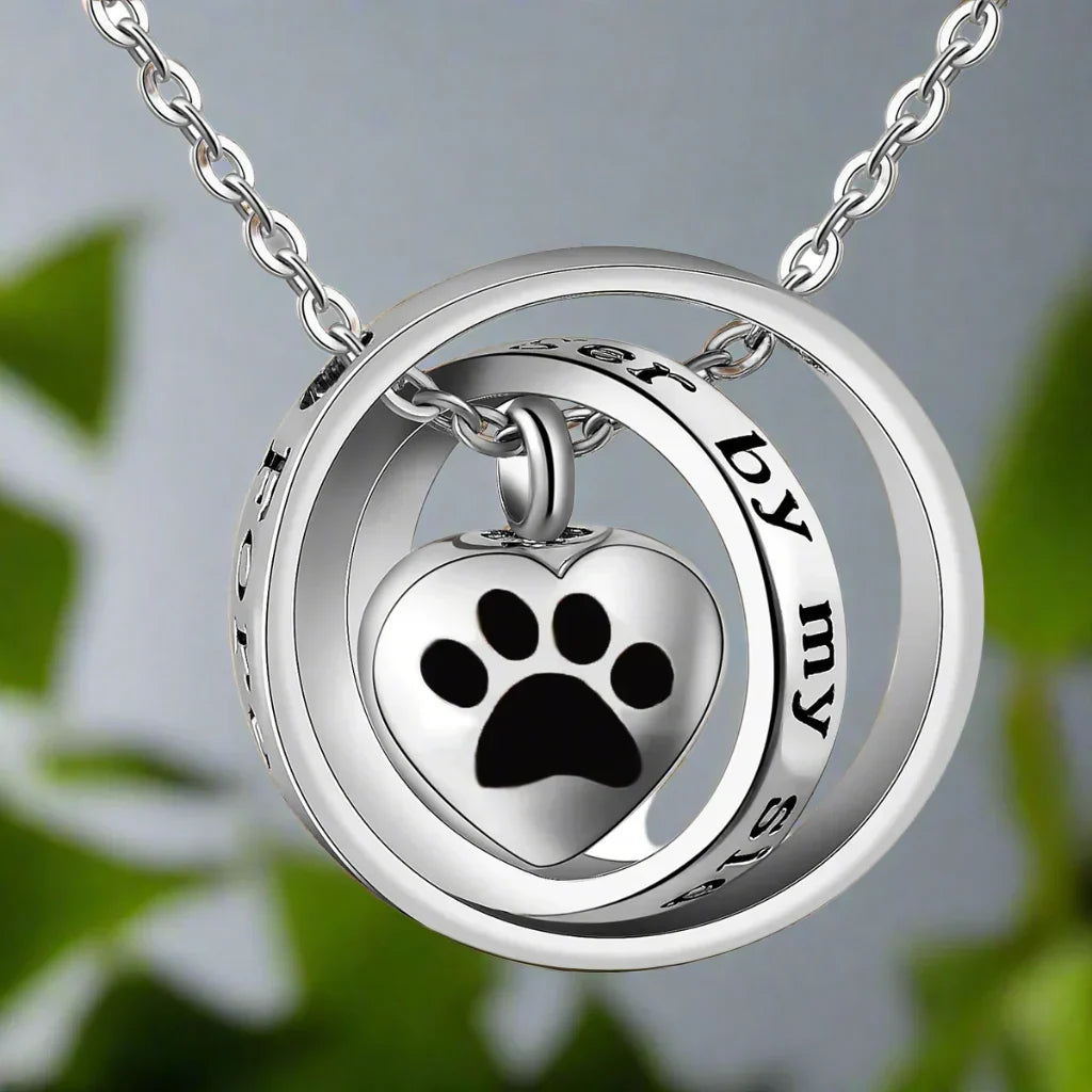 "No Longer by My Side, Forever in My Heart" – Stainless Steel Paw Urn Necklace