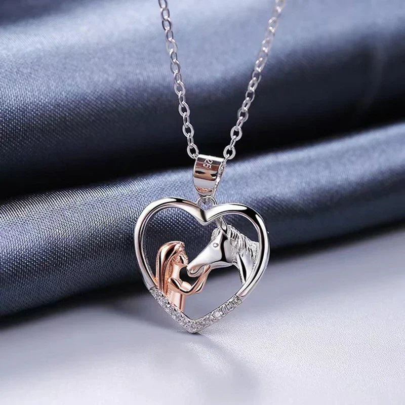 Beautiful Girl & Horse Zircon Heart Necklace