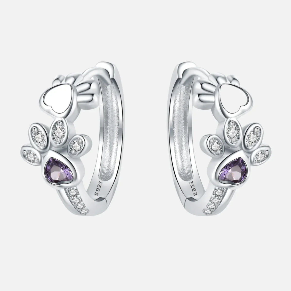 925 Sterling Silver Cat Paw Hoop Earrings – with Zirconia & Heart Stone