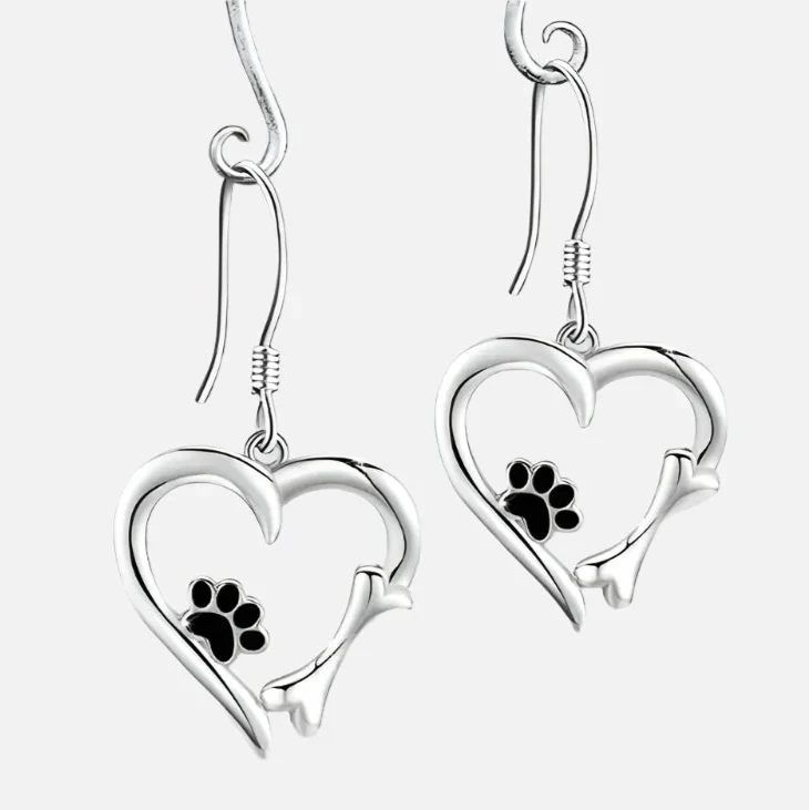 Silver Heart & Paw Drop Earrings