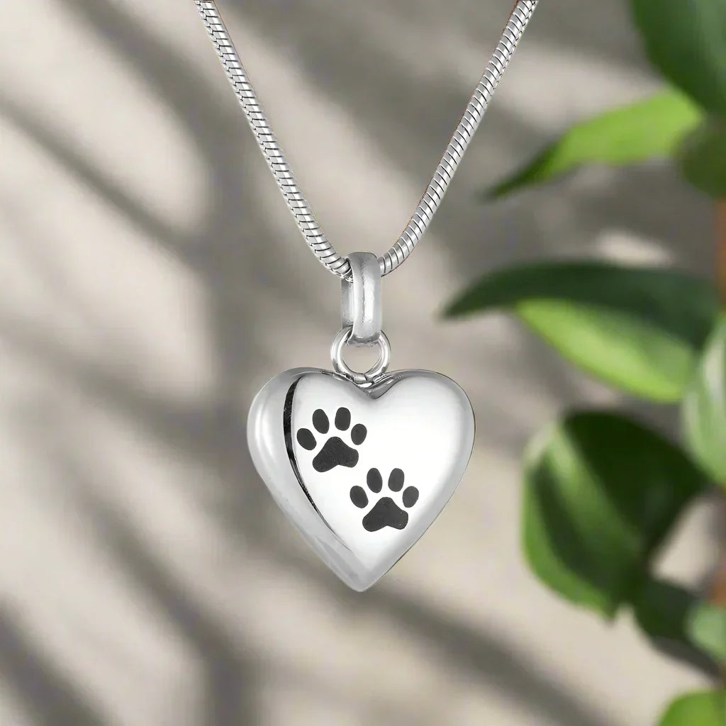 Pet Memorial Urn Necklace – Heart Pendant with Paw Engraving