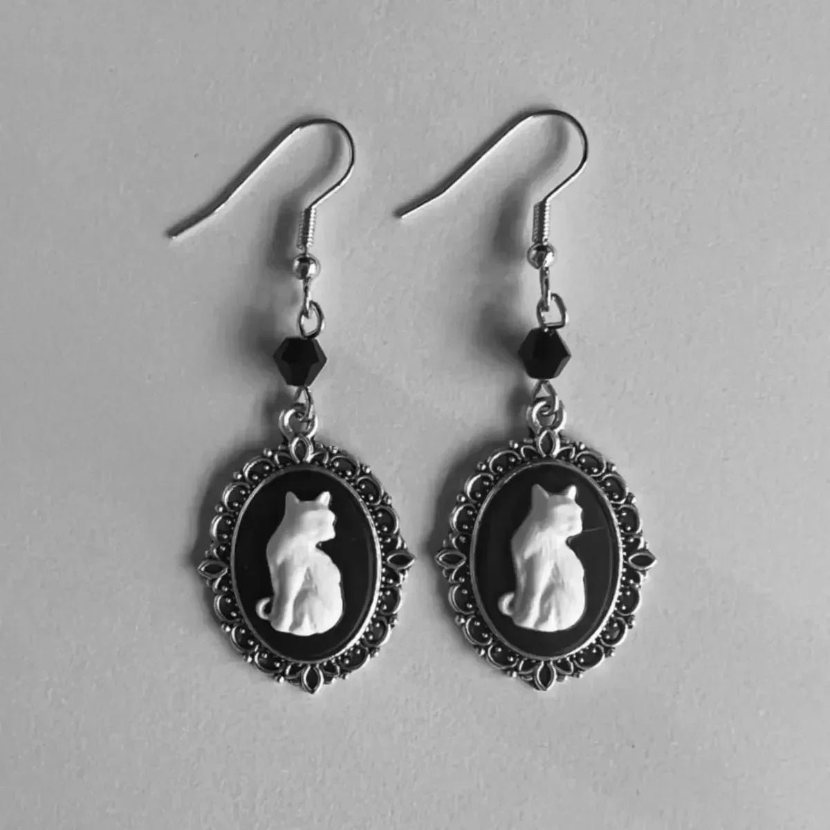 Vintage White Cat Drop Earrings – Silver-Framed Jewellery for Women