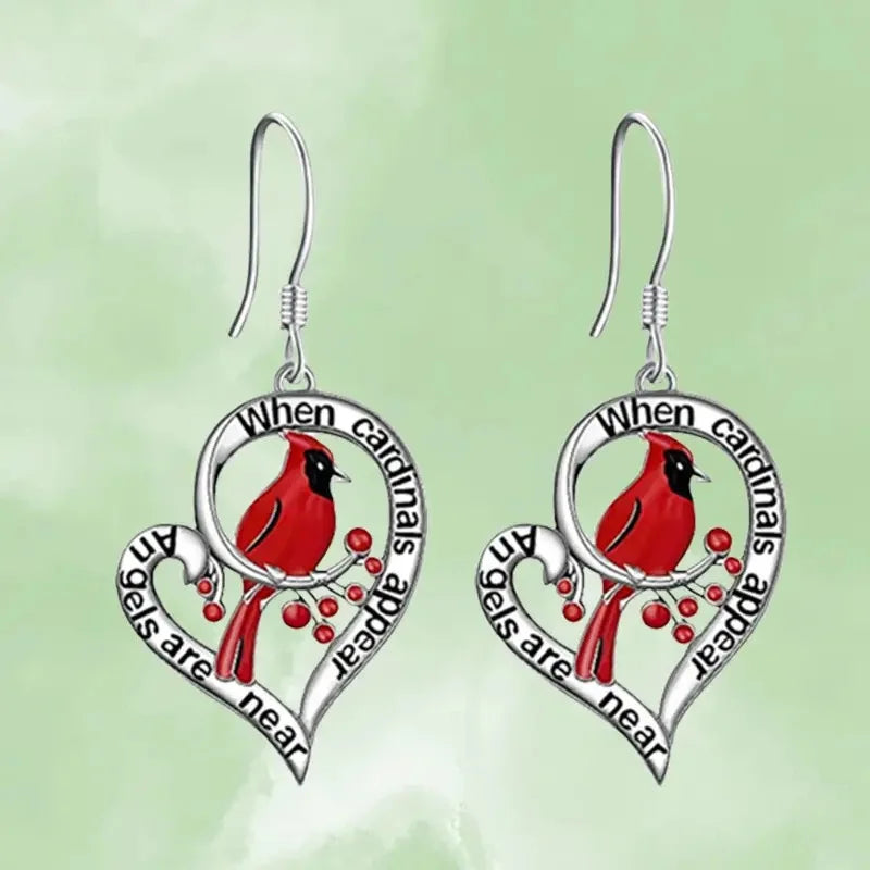 Cardinal Memorial Earrings – "When Cardinals Appear, Angels Are Near" Heart Drop Design