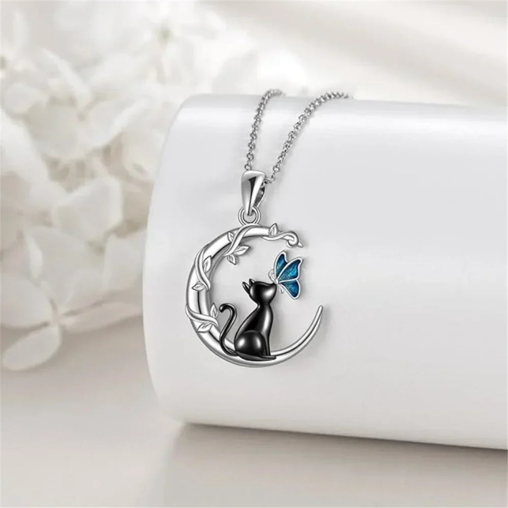 Moon, Cat & Butterfly Crystal Pendant Necklace