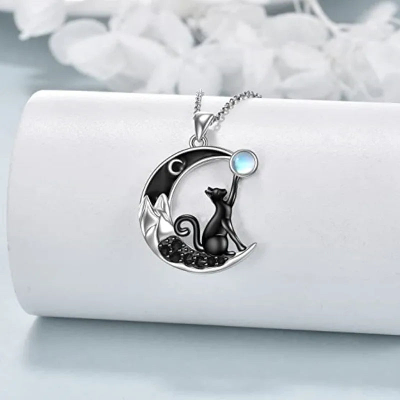 Black Cat Moon & Crystal Pendant Necklace