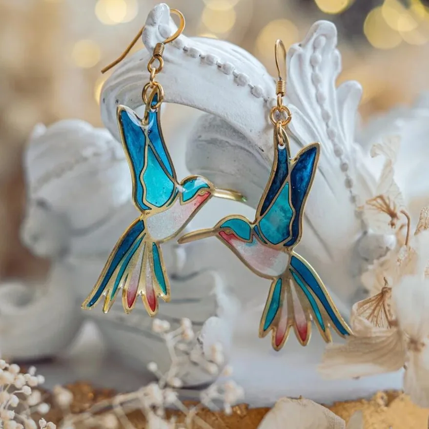 Graceful Blue Hummingbird Enamel Earrings