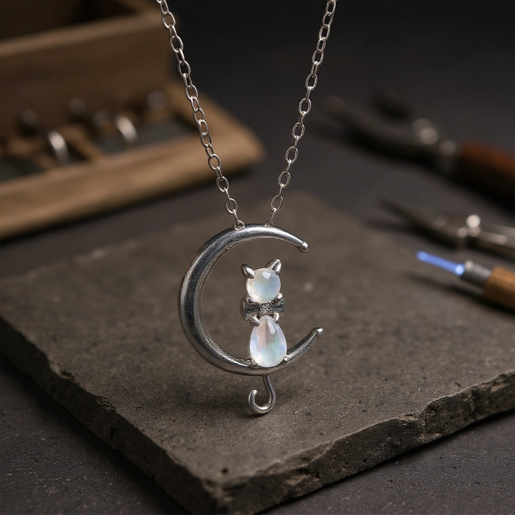 Crescent Moon & Moonstone Cat Necklace