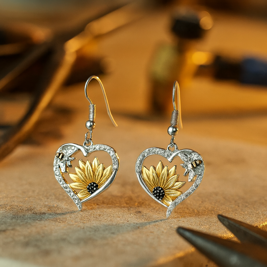 Vintage Boho Sunflower Heart & Bee Drop Earrings