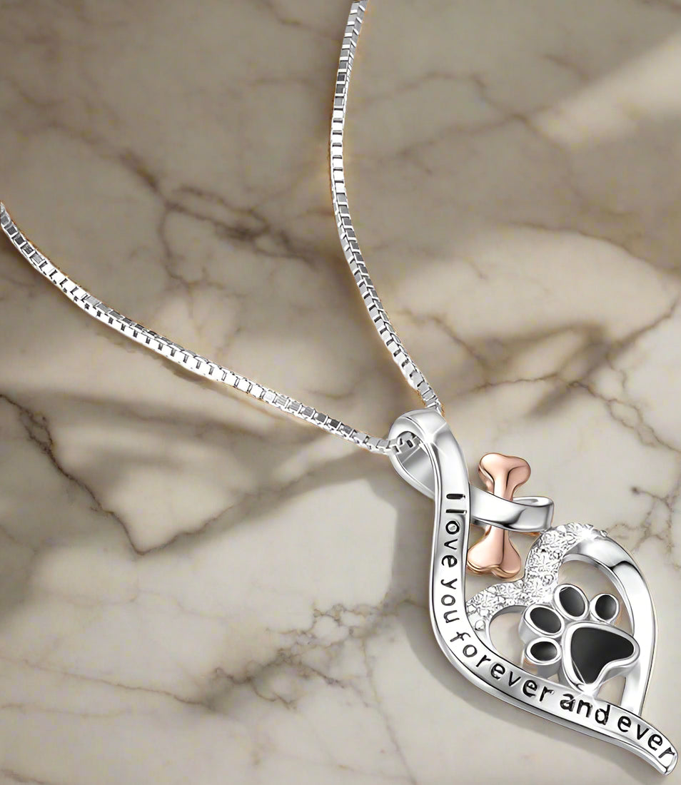 Lucky Dog Paw Necklace with Heart, Bone & Infinity – "Forever in My Heart" Pendant