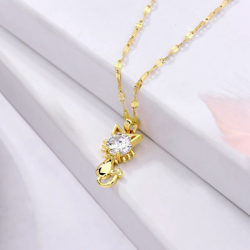 Gold-Plated Cat Necklace with Zircon