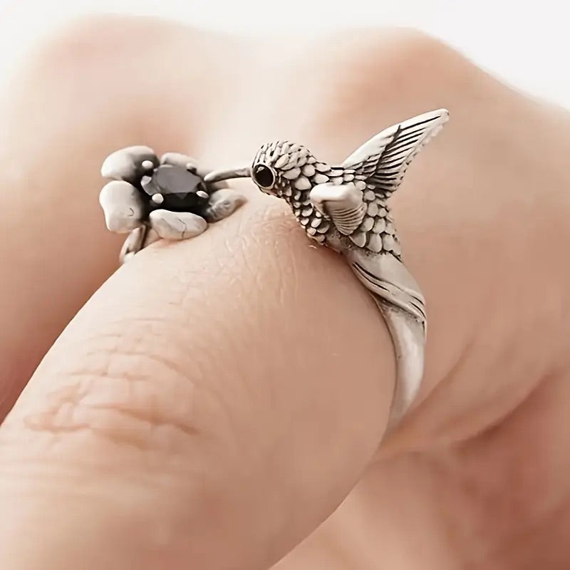 Hummingbird & Flower Ring – Adjustable Open Ring for Women