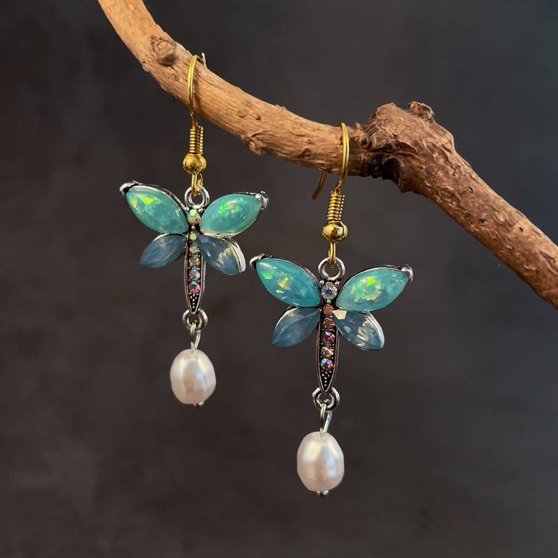 Vintage Green Opal & Pearl Butterfly Earrings