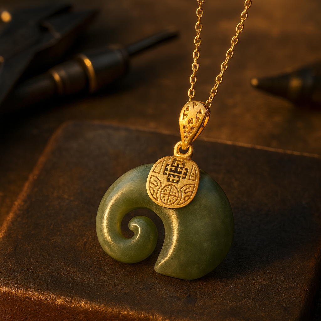 Hetian Jade Elephant Pendant Necklace – 18K Gold-Plated Chain for Women