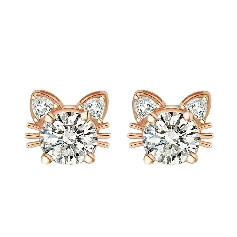 Rose Gold Moissanite Cat Stud Earrings in 925 Sterling Silver