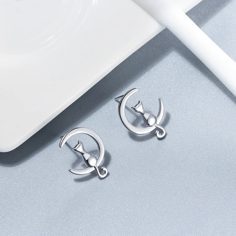 Sterling Silver Moon & Cat Stud Earrings