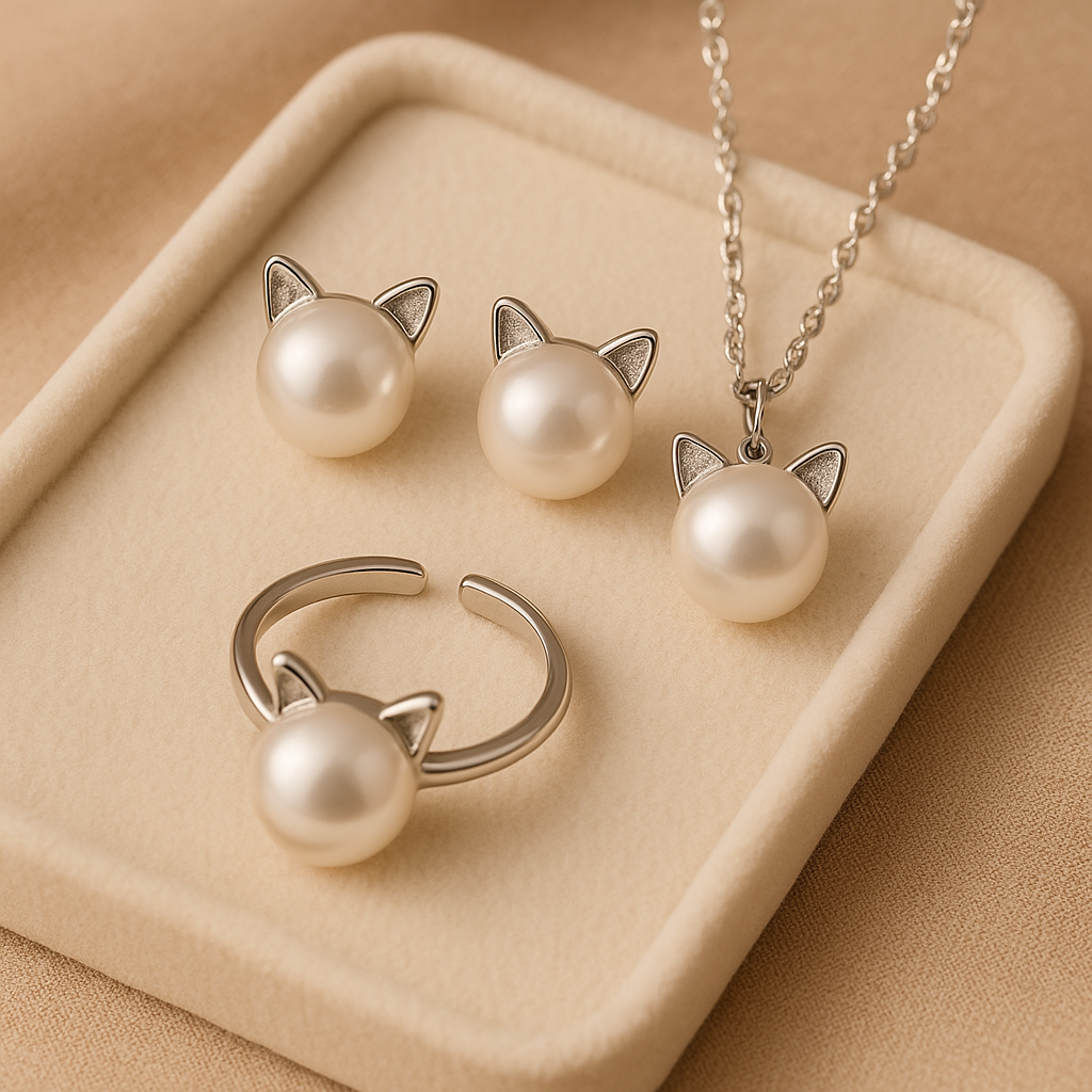 Beautiful Pearl Cat Necklace with Free Earrings & Ring