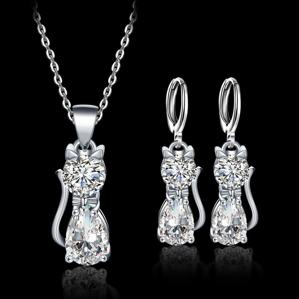 Happy Cats Necklace & Earrings Set in Sterling Silver & Polished White Zirconia