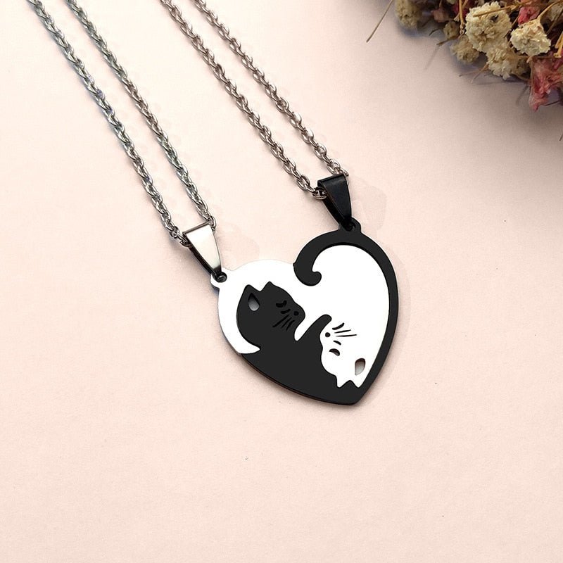 Yin & Yang Black and White Cat Love Necklace