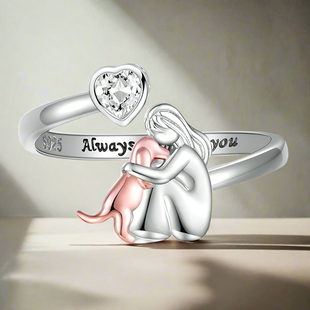 Adjustable 925 Sterling Silver Dog Ring – "Forever in My Heart" with Zirconia